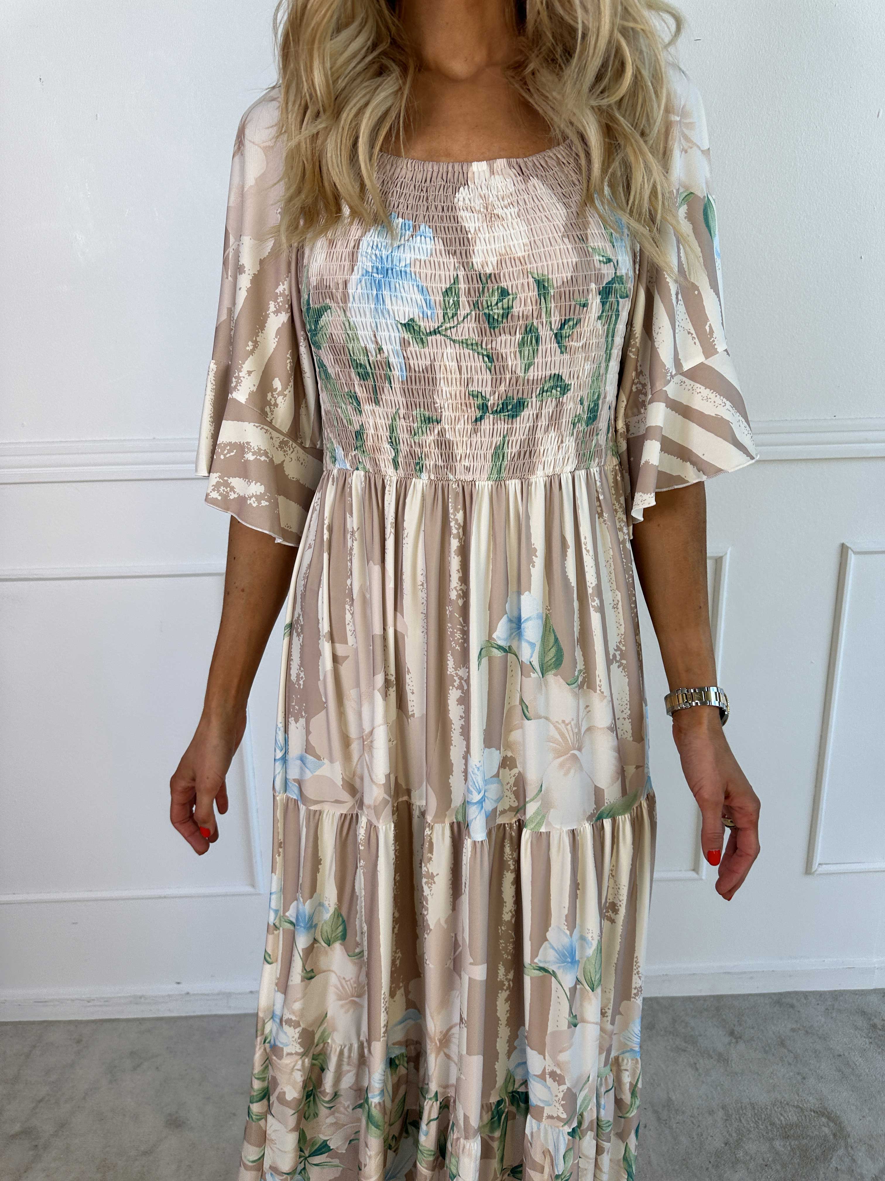 Elna Floral Stripe - Blommig elastisk klänning med smockat bröst